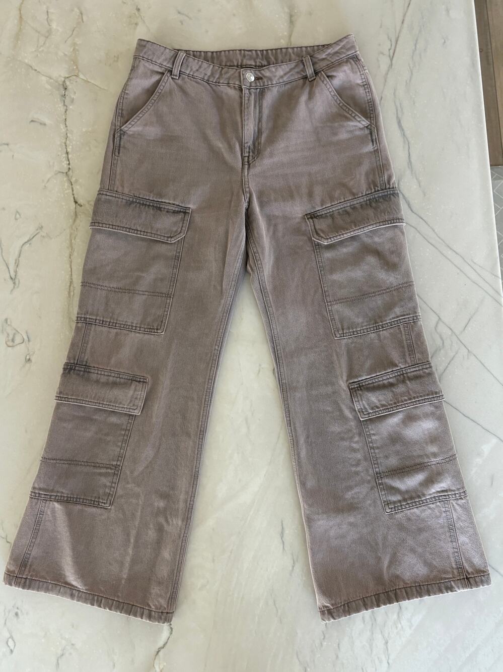 Gray Denim Double Cargo Straight Leg Pants Pink Wash H&M Women Size 12